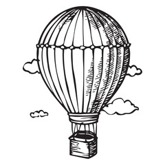 Hot Air Balloon Adventure Vector Silhouette, Hand Drawn Hot Air Balloon with Passengers in Basket Silhouette