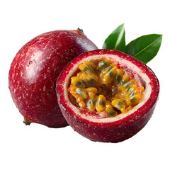 Ripe passion fruit cut open with vibrant seeds – fresh food photography PNG isolated on transparent background