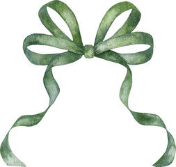 Elegant watercolor green thin bow in vintage style. 
