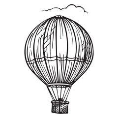 Naklejka premium Hot Air Balloon Adventure Vector Silhouette, Hand Drawn Hot Air Balloon with Passengers in Basket Silhouette