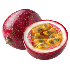 Ripe passion fruit cut open with vibrant seeds – fresh food photography PNG isolated on transparent background