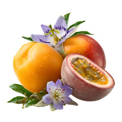Exotic passion fruit and ripe apricot with elegant larkspur petals – vibrant food photography PNG isolated on transparent background