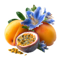 Exotic passion fruit and ripe apricot with elegant larkspur petals – vibrant food photography PNG isolated on transparent background