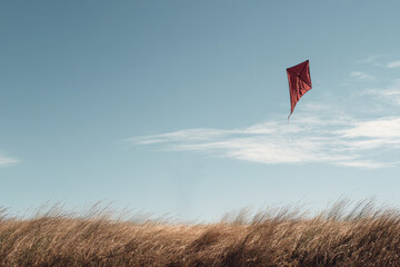Colorful kite flying over green grass on a summer afternoon