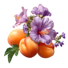 Lush apricot with delicate verbena and vibrant hibiscus petals – food photography PNG isolated on transparent background