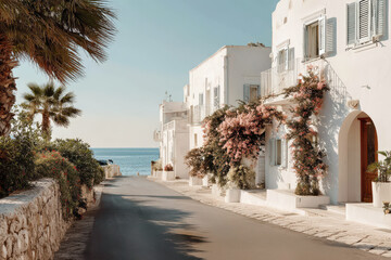Mediterranean-style houses on a quiet street at sunset in summer