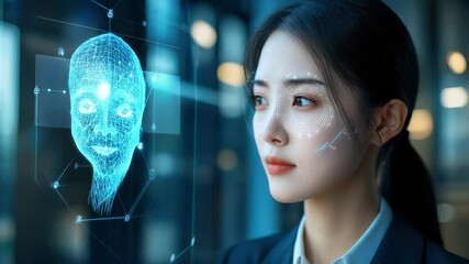 Asian Woman Interacting with Holographic AI Interface for Facial Recognition, Biometrics, and Data Analysis in a Futuristic Office Setting - Powered by Adobe