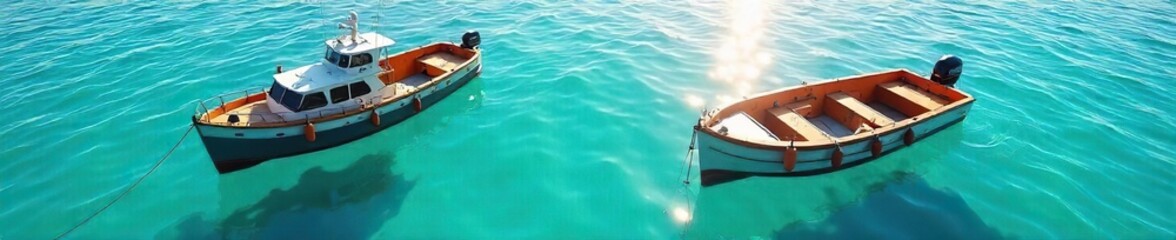 Obraz premium A sturdy anchor boat bobs gently on calm turquoise water, its anchor chain neatly coiled Ready for deployment, it awaits its next mission Sun shines brightly on the hull , detail, sunlight, shoreline