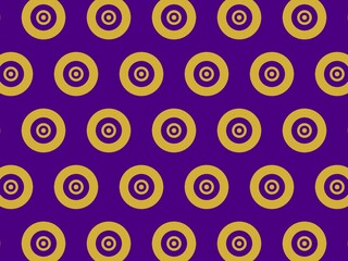 Seamless pattern of repeating gold circles with concentric rings on a deep purple background.