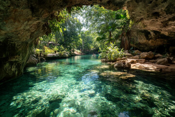 Scenic view of a natural cenote surrounded by lush vegetation and rocky cliffs under daylight
