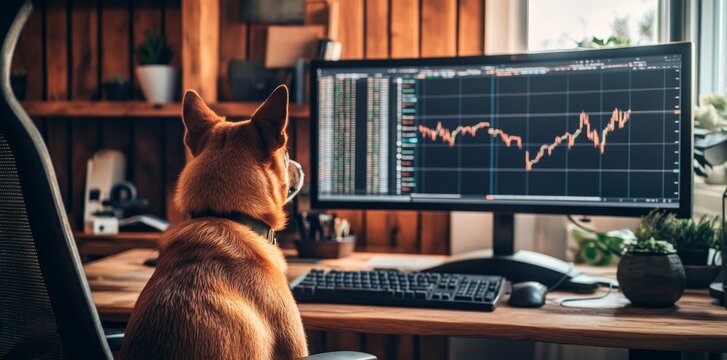 A Shiba inu sits in front of his PC, where the dog is energetically playing the stock market, a scene made with generative AI