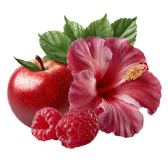 Bright raspberry and crisp apple with vibrant hibiscus flower petals – food photography PNG isolated on transparent background