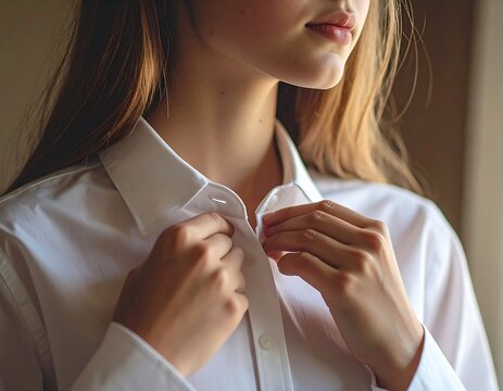Closeup of a young person buttoning a white shirt