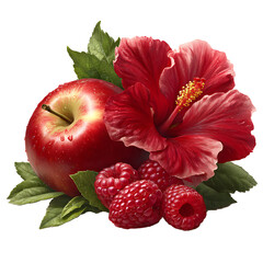 Bright raspberry and crisp apple with vibrant hibiscus flower petals – food photography PNG isolated on transparent background
