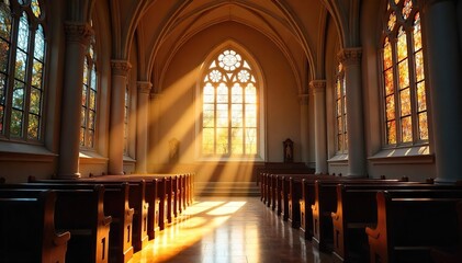 Obraz premium A serene church interior, bathed in sunlight streaming through stained-glass windows Peaceful ambiance, perfect for spirituality, faith, and worship themes , peace, quiet