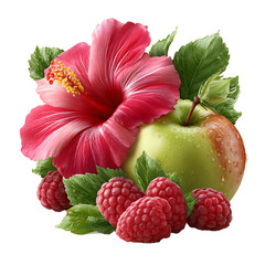 Bright raspberry and crisp apple with vibrant hibiscus flower petals – food photography PNG isolated on transparent background