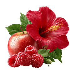 Bright raspberry and crisp apple with vibrant hibiscus flower petals – food photography PNG isolated on transparent background