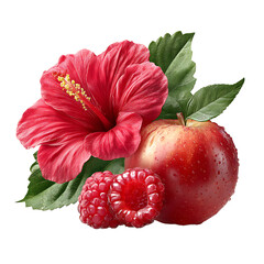Bright raspberry and crisp apple with vibrant hibiscus flower petals – food photography PNG isolated on transparent background