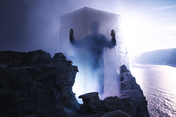 Frozen spaceman in icy containment on desolate planet, cinematic sci-fi concept of survival and...