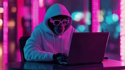 A monkey in glasses is depicted working on a laptop