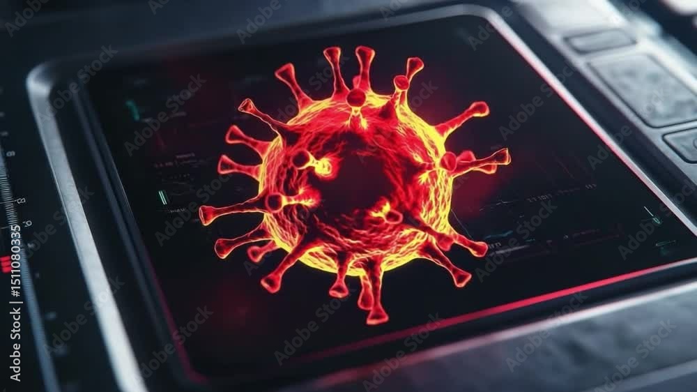 Poster 3d rendering of a colorful virus model showcasing intricate details on a digital interface backgroun