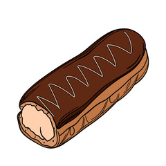 Delicious eclair pastry dessert with glaze and icing. Sweet treat éclair with whipped cream, super yummy and sweets. Bakery shop culinary outline art