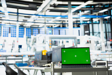 Isolated screen monitor in photovoltaics factory used to oversee performance of manufacturing solar panels. Chroma key pc in empty industrial facility used to inspect solar plant machinery.