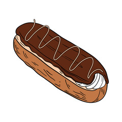 Delicious eclair pastry dessert with glaze and icing. Sweet treat éclair with whipped cream, super yummy and sweets. Bakery shop culinary outline art