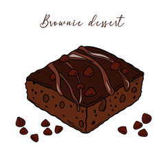 Delicious brownie dessert pastry with chocolate topping and pieces of chocolate. Sweet treat goods bakery culinary and super tasty. Baked snack outline art