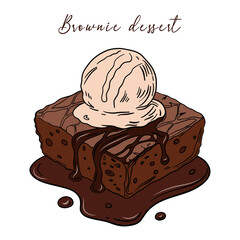 Delicious brownie dessert pastry with whipped cream and ice cream. Sweet treat goods bakery culinary and super tasty. Baked snack outline art