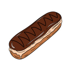 Delicious eclair pastry dessert with glaze and icing. Sweet treat éclair with whipped cream, super yummy and sweets. Bakery shop culinary outline art