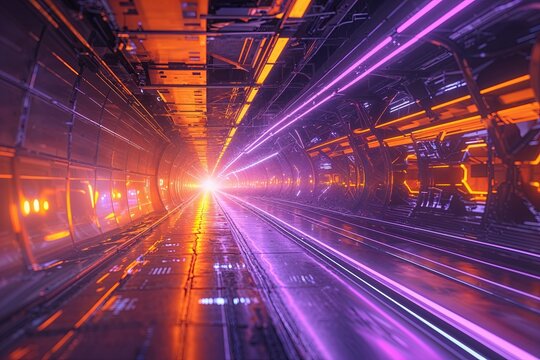 Scenic Technological Vision: Dazzling Abstract Environment in Orange and Lavender Neon Tones with Motion, Velocity, and Radiance