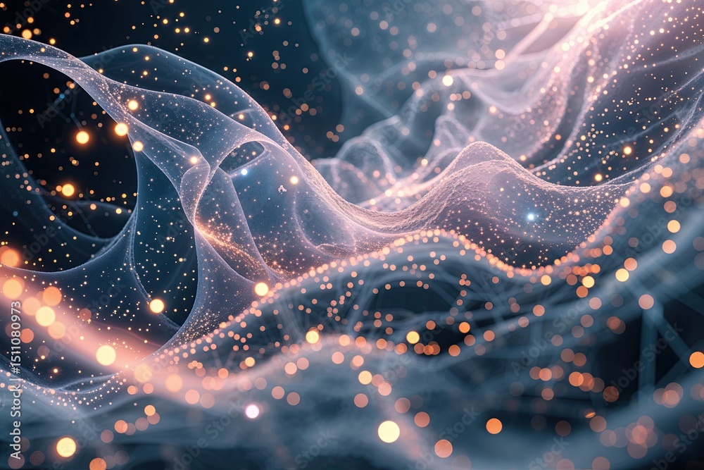 Poster futuristic visualization of ethereal particle flow and light network textures