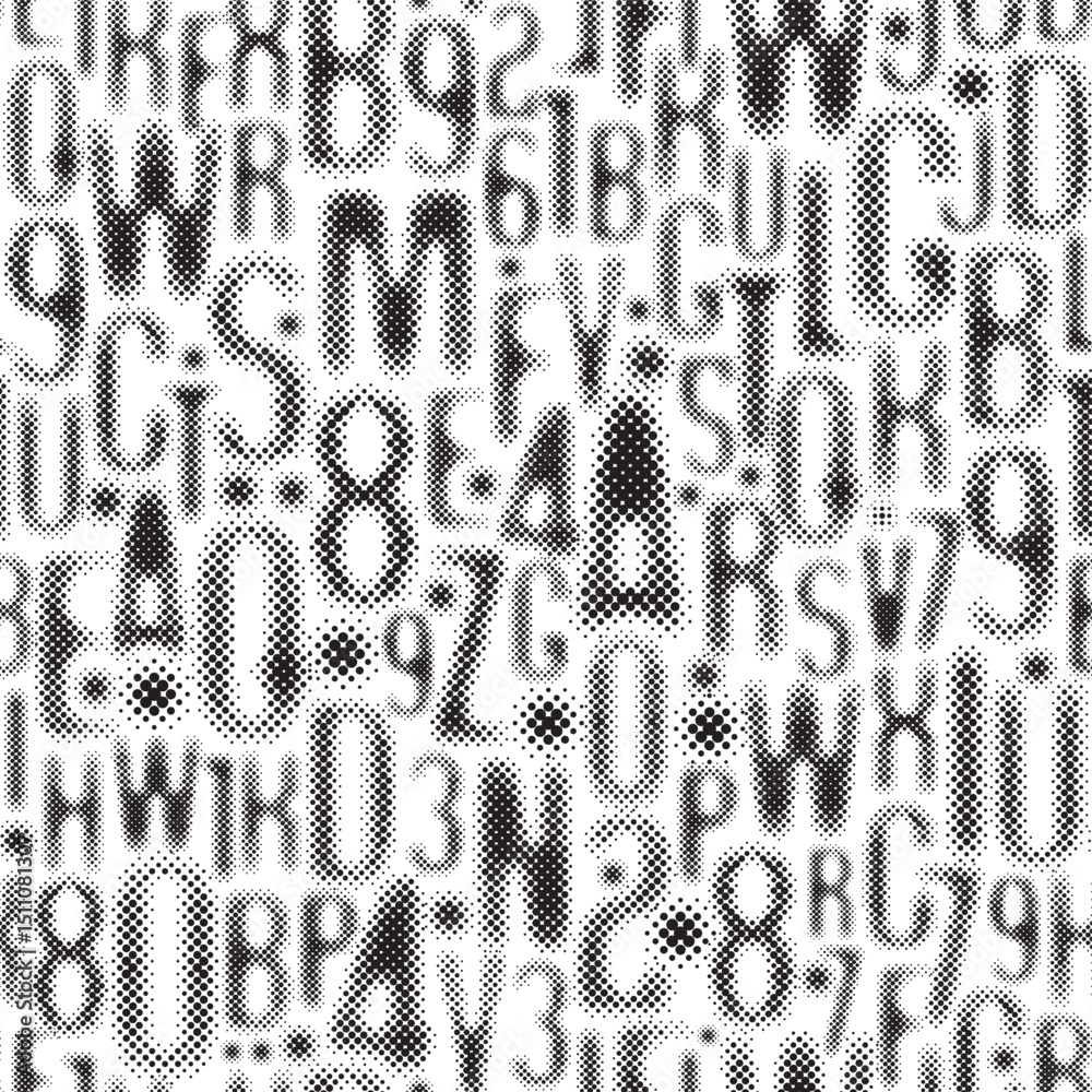 Poster seamless pattern with a font consisting of dots. on the theme of matrix printing, computer games, di