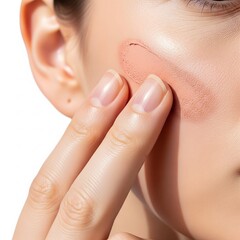 Fototapeta premium Close-up of a Woman's Face Showing a Patch of Dry, Irritated Skin on Her Cheek, Possibly Due to Sunburn or Eczema