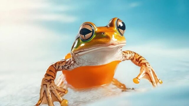 Colorful frog with bright eyes swimming in clear water under vibrant and soft natural light setting