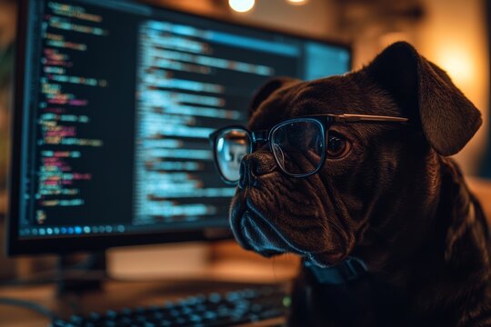 A canine sporting spectacles is employed at a computer within a comfortable office