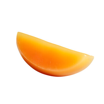 Lip balm shaped like a small mango wedge, smooth creamy surface, clean background