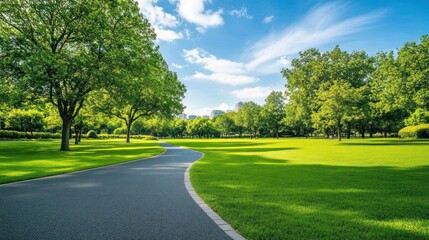 Naklejka premium Scenic park pathway under a bright sky