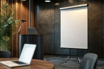  Mockup of pull-up banner and podium in modern conference hall setting for business presentation events