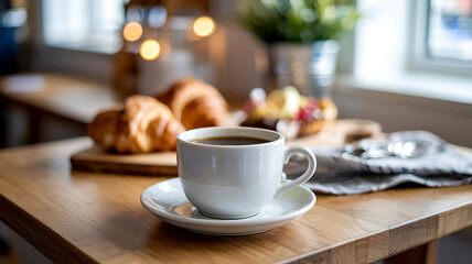 Obraz premium A cup of coffee with croissants and a pastry on a wooden table near a window with natural light