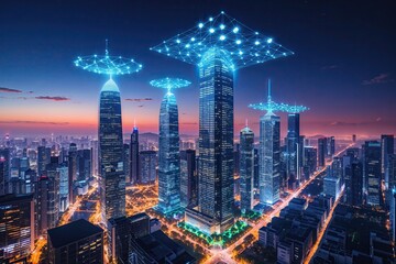 Fototapeta premium Urban Connectivity with Skyscrapers and Advanced Wireless Networks in a Lively Night Cityscape
