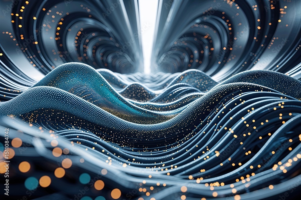 Poster futuristic technology background with three dimensional abstract particle waves