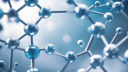 Abstract molecular structure with blue spheres and connecting lines on a blurred light background