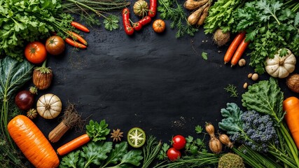 Black Background with Fresh Organic Vegetables