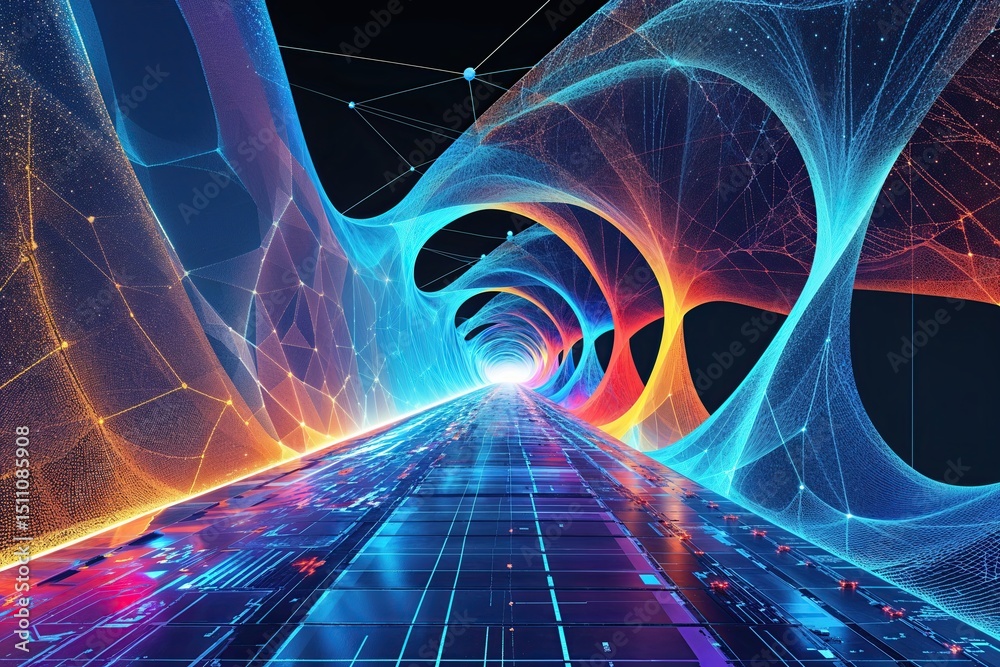 Poster dynamic abstract technology backdrop featuring conceptual wave bridge geometric textures and neural 
