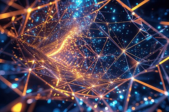 Futuristic Digital Mesh Backdrop with Vibrant Geometric Particle Design