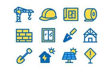 Construction icons: tools, safety gear, blueprints, and solar panels
