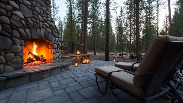 Outdoor stone fireplace with lounge chairs and forest ambiance