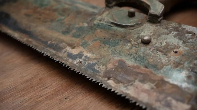 Close-up of an antique tenon saw resting on a wooden surface, showcasing aged patina, sharp saw teeth, and a carved wood handle.